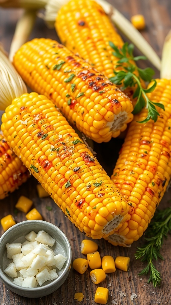 Oven-roasted corn on the cob, golden and charred, served on a rustic table with Parmesan cheese and herbs.